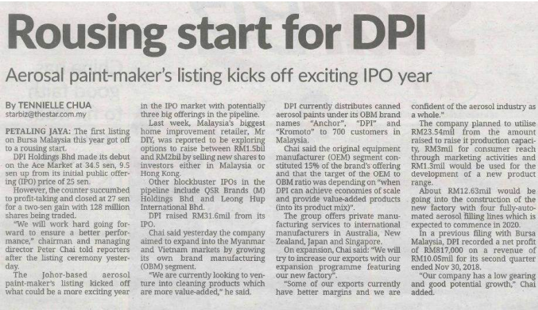 Read more about the article IPO Debut of DPI – The Star, The Edge Financial Daily, The Sun Daily, New Straits Times, The Malaysian Reserve, Sin Chew Daily, Nanyang Siang Pau, Oriental Daily News, Beritan Harian, Cosmo